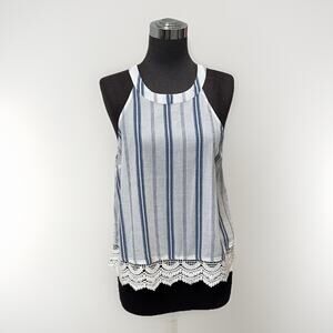 Ambercrombie and Fitch Tank Top Women M white Cotton Striped Lace Crochet Hem